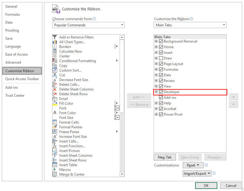 Developer Toolbar in Excel