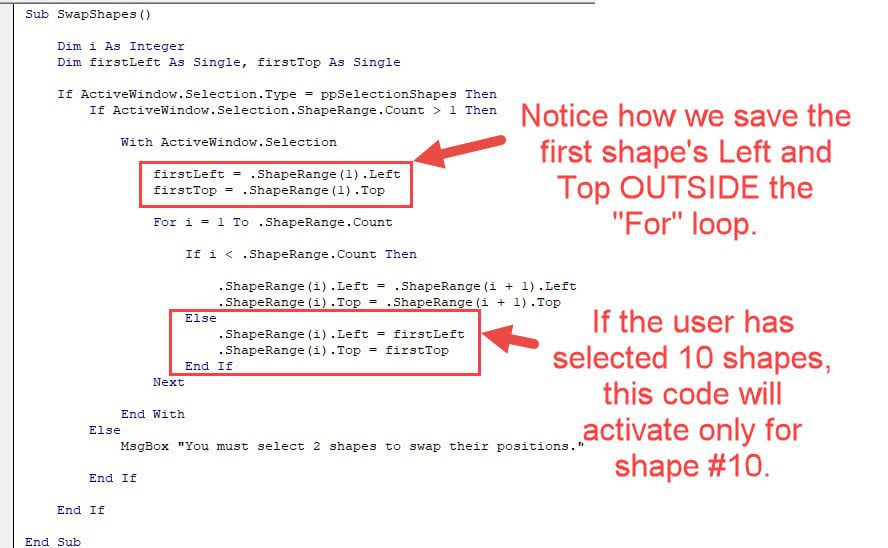 Macros in PowerPoint: Saving the First Shape's Positions and Swapping Them in for the Last Shape Macros in PowerPoint: Saving the First Shape's Positions and Swapping Them in for the Last Shape
