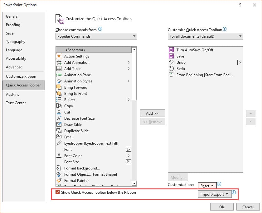 PowerPoint Quick Access Toolbar - Import Button PowerPoint Quick Access Toolbar - Import Button
