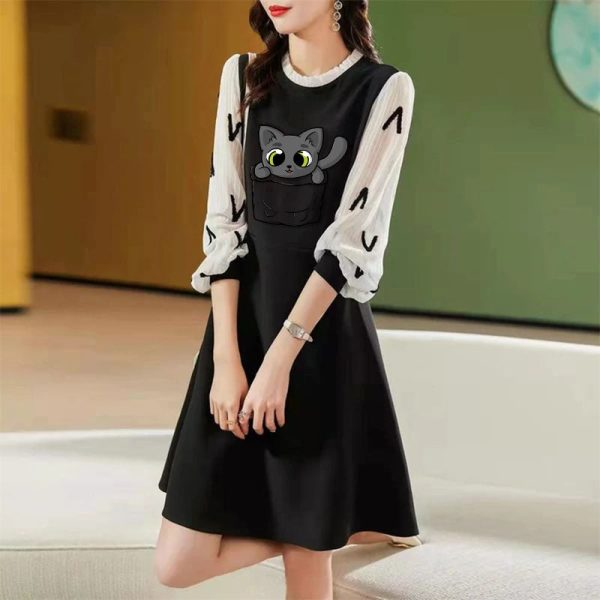 Pocket Panda Chiffon Patchwork A-Line Dress